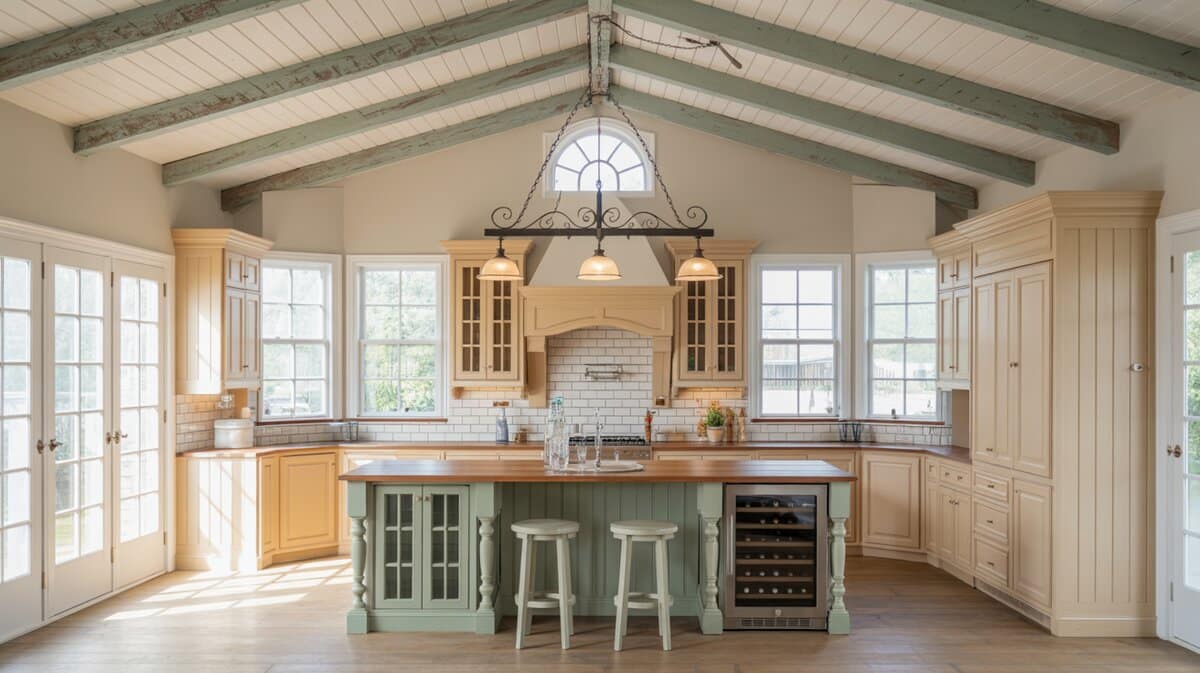 Country interior design kitchen with vaulted barn beam ceiling, sage blue island, and cream cabinets
