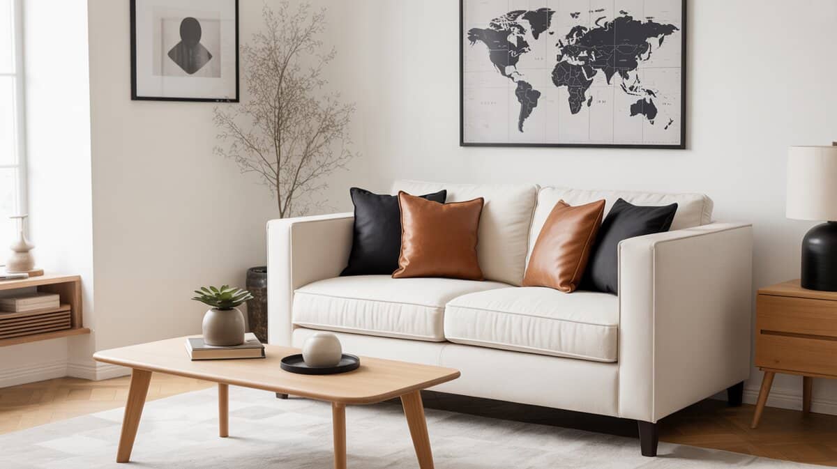 Cream fabric loveseat in Scandinavian living room