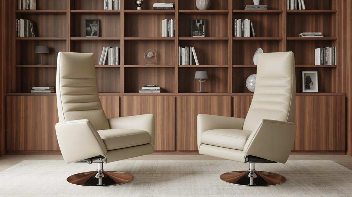 Cream leather reading chairs in built-in walnut study