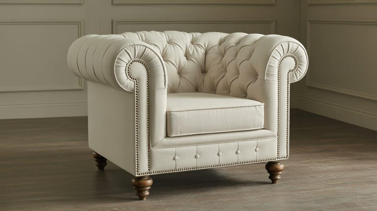 Cream tufted Chesterfield armchair with deep button nailhead