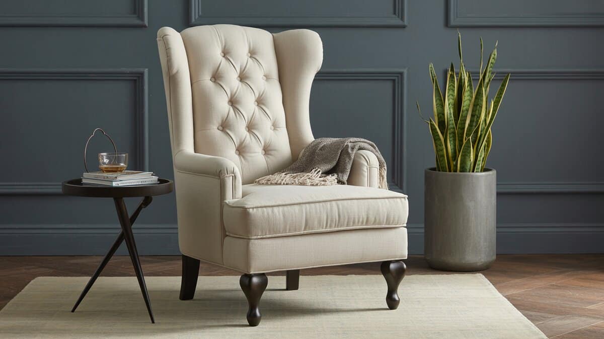 Cream tufted high back side accent chair with camelback design
