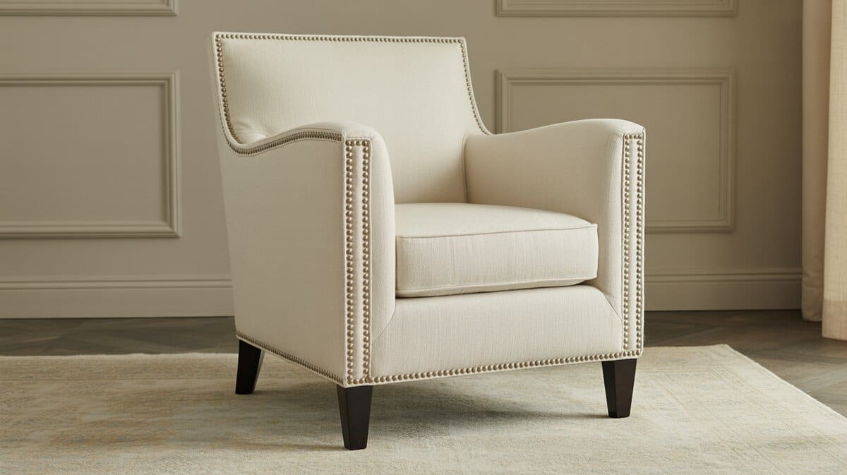 Cream upholstered armchair with nailhead trim and dark legs