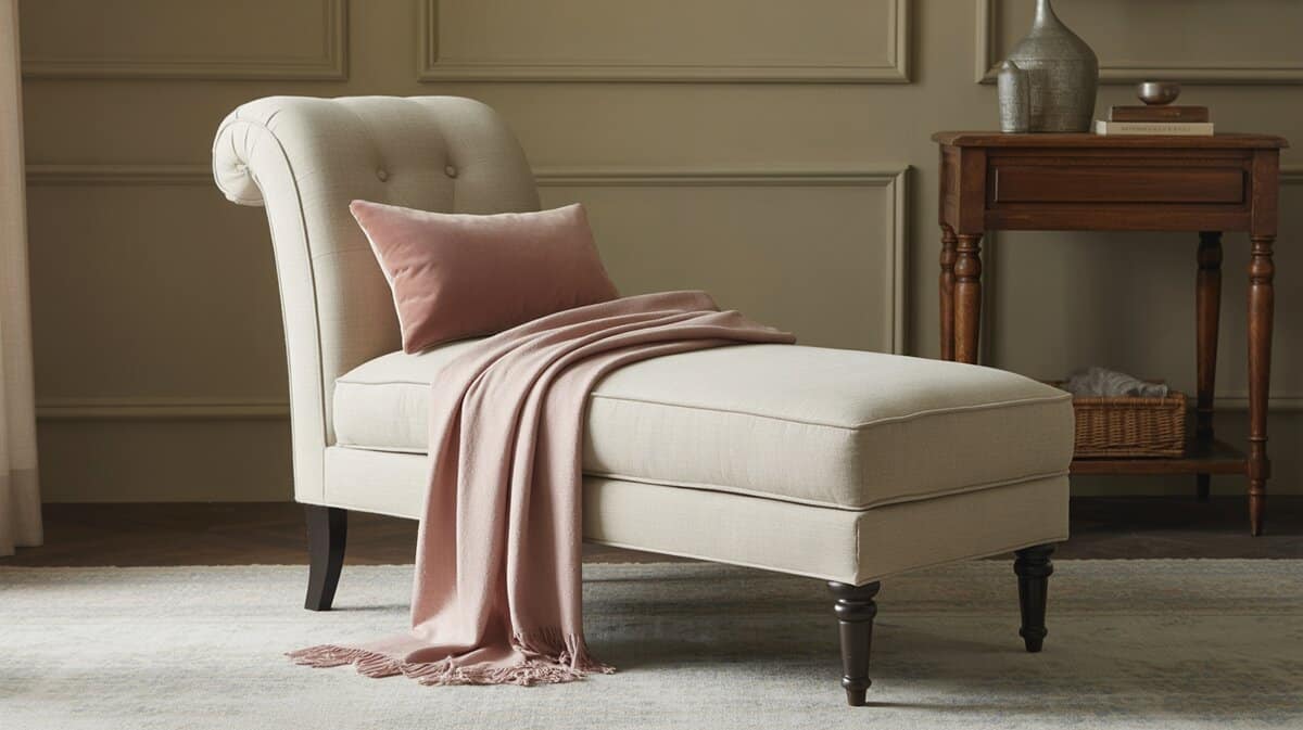 Cream upholstered chaise lounge with rolled arm and dark legs