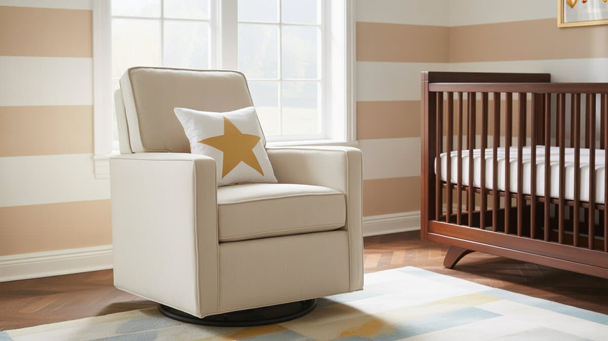 Cream upholstered glider swivel chair in nursery setting