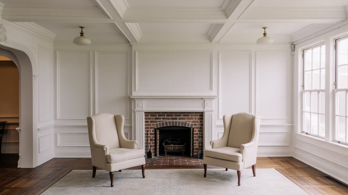 Cream wingback chairs in traditional living room with fireplace