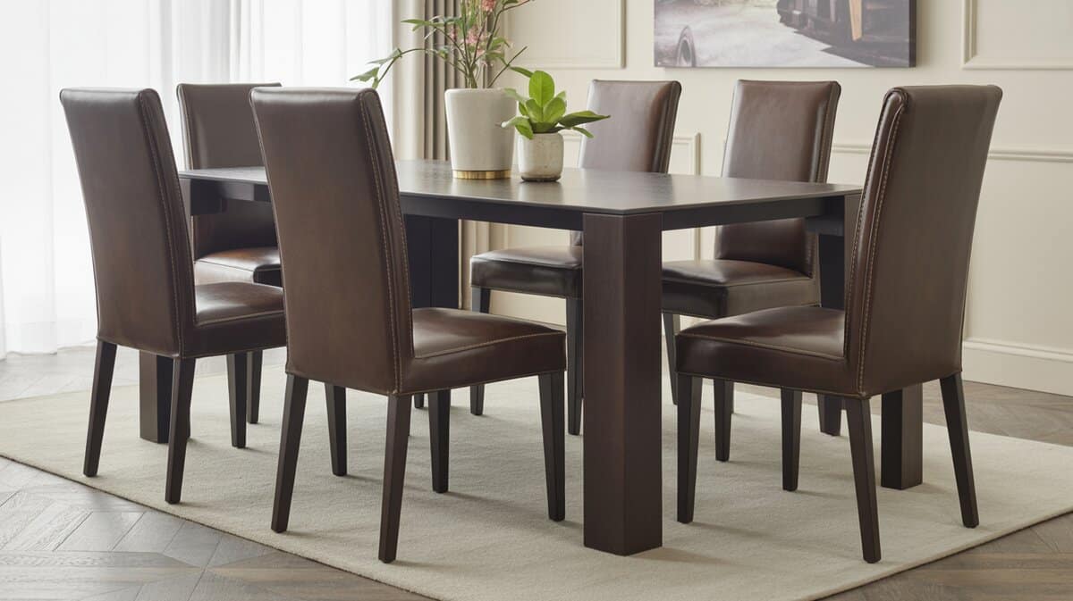 Dark brown leather Parsons dining chairs with dark wood table