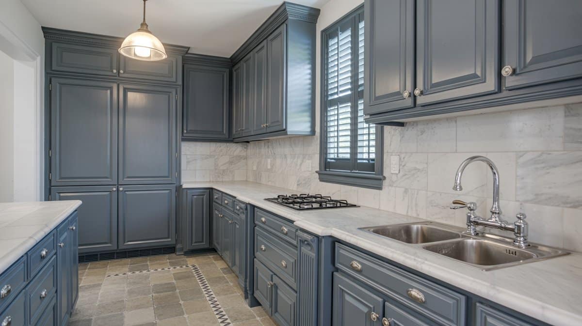Steel-blue raised-panel cabinets with full marble slab backsplash and counters, brass bridge faucet, and stone tile floor.