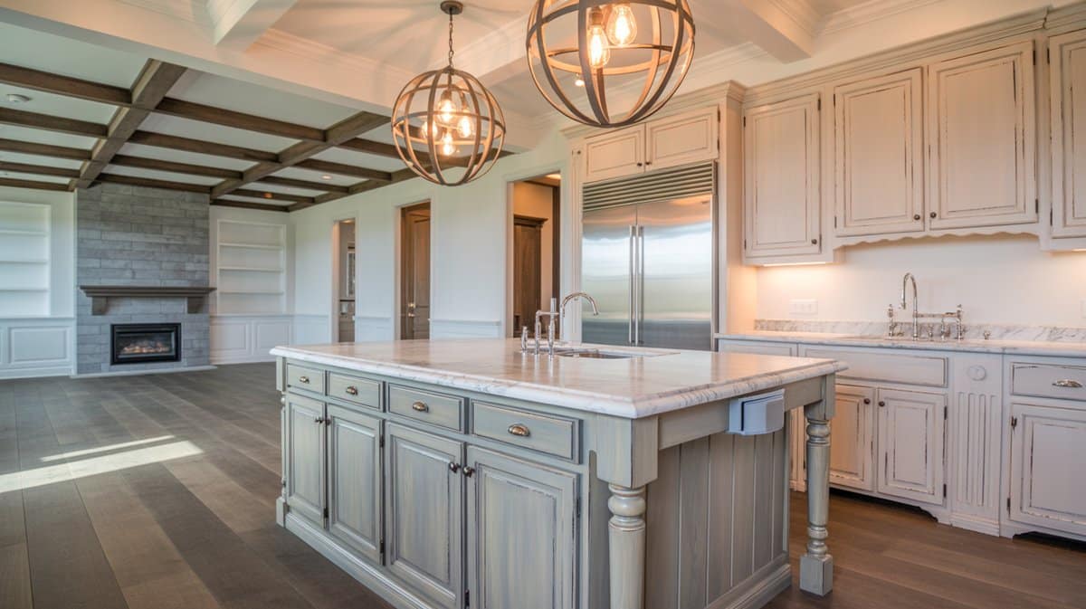 Distressed white and gray cabinets with a coffered wood-beam ceiling, brass orb chandeliers, and a marble island top.