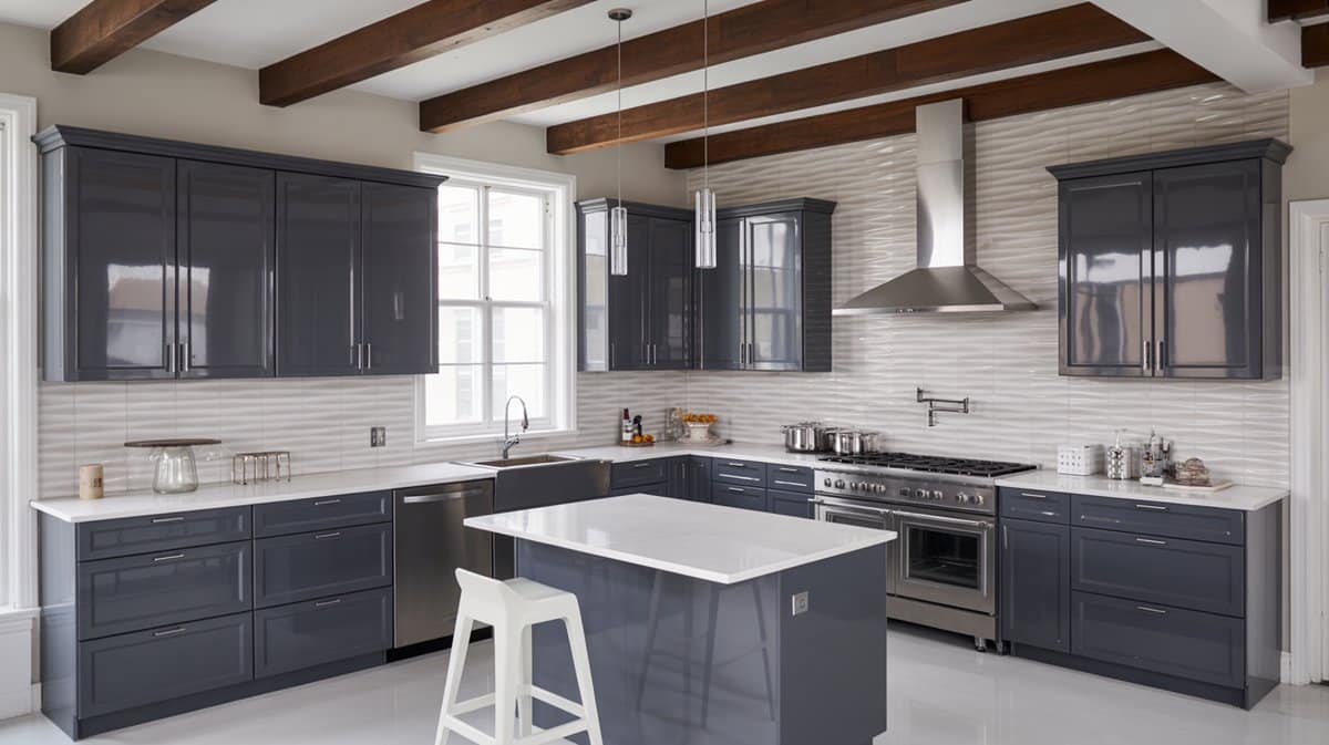 Navy flat-front cabinets with dark wood ceiling beams, textured 3D white backsplash, white island, and a single stool.