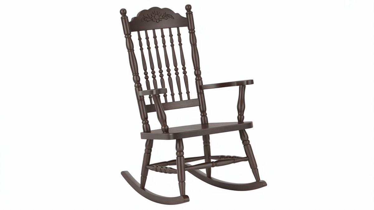 Dark walnut traditional rocking chair with turned spindles