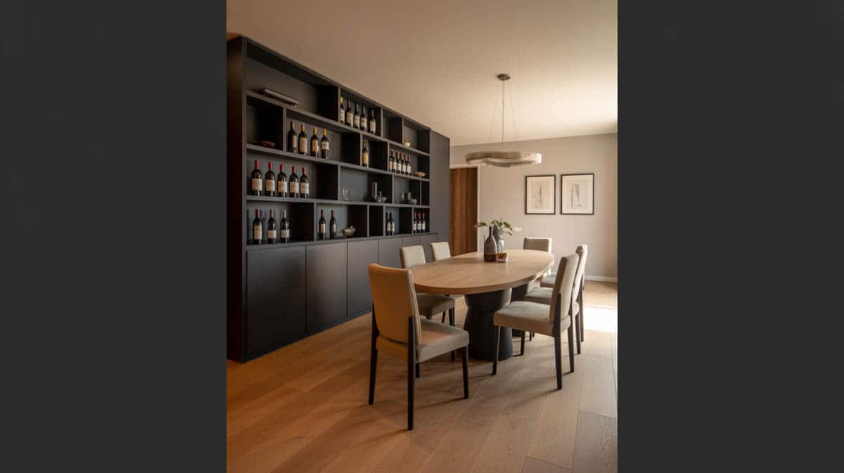 Elegant dining room with matte black accent wall featuring open wine shelves and light oak hardwood floor