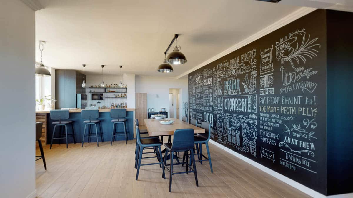 Open dining room with large black chalkboard accent wall with chalk drawings and black bar stools at island
