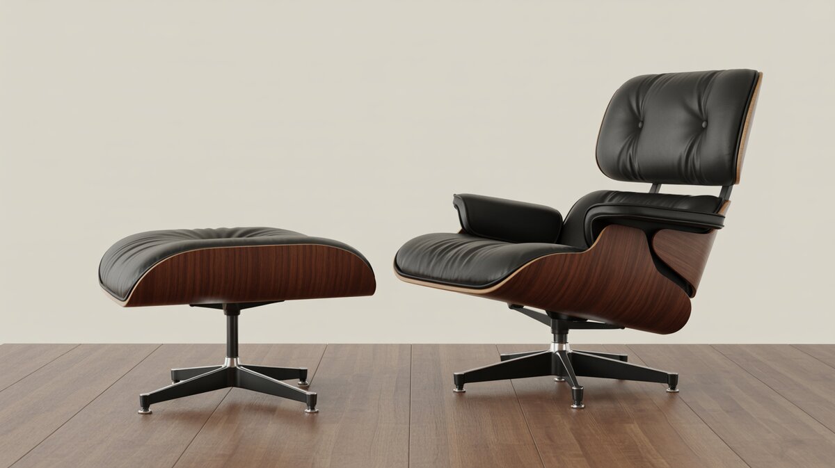 Eames lounge chair and ottoman in black leather with rosewood shell