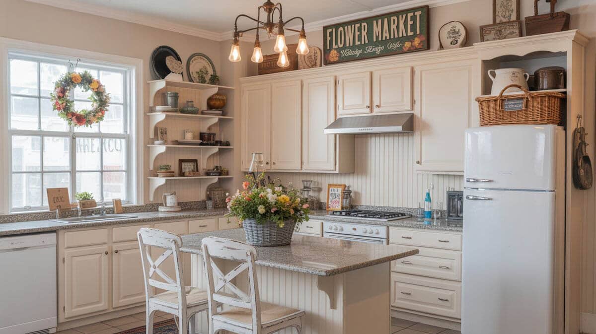 Eclectic interior design kitchen with white cabinets, vintage antique signs, and mixed accessories