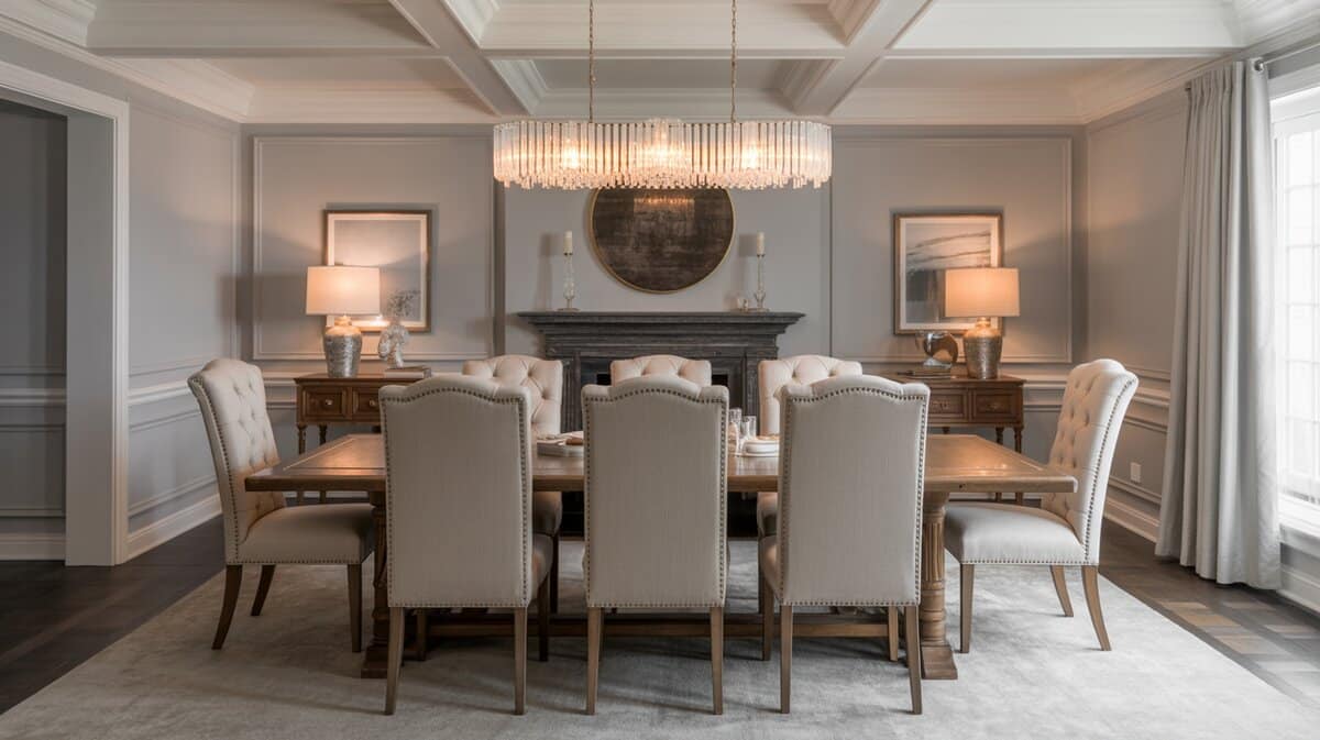 Elegant dining room with upholstered nailhead chairs and fireplace