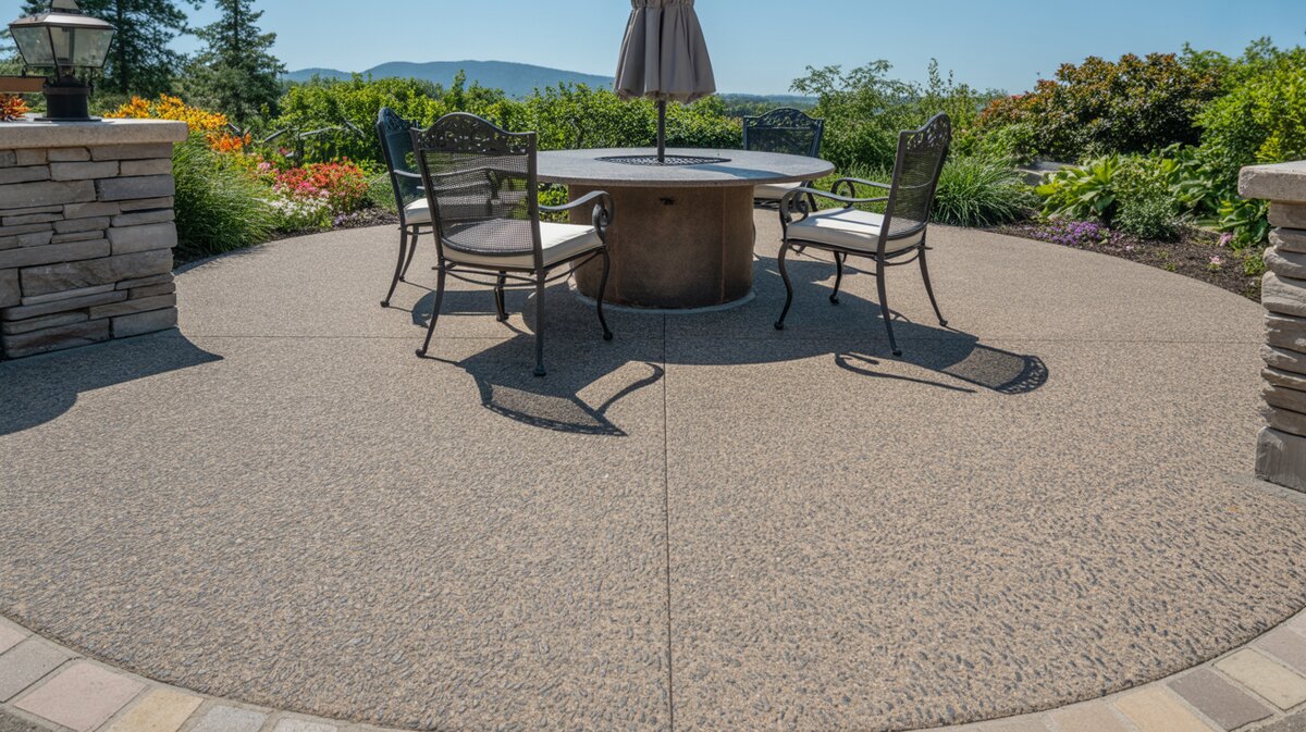 Circular exposed aggregate concrete patio with round stone fire table, wrought-iron chairs, umbrella, and colorful garden border