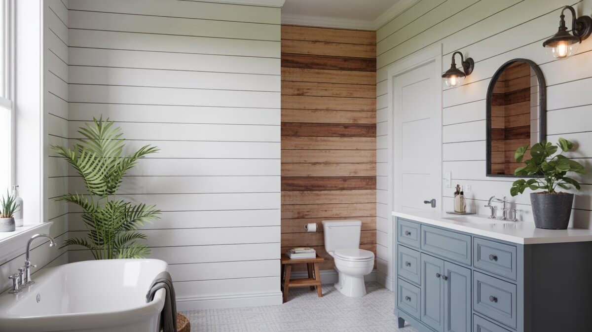 Farmhouse bathroom with mixed white and stained shiplap walls, freestanding tub, and potted plants