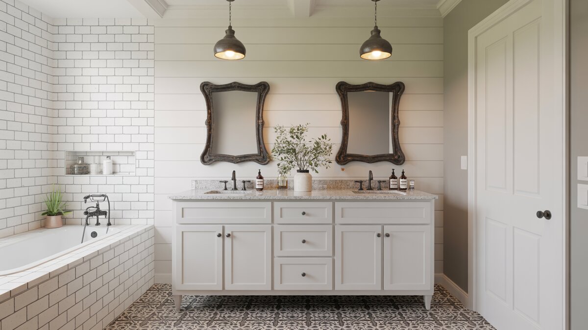 Farmhouse bathroom with white shiplap walls, double vanity, patterned tile floor, and barn lights