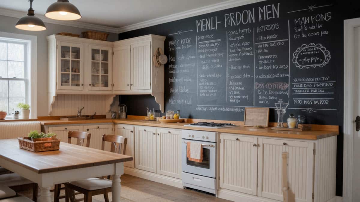 Farmhouse kitchen with white beadboard cabinets and large full-wall black chalkboard accent with chalk writing