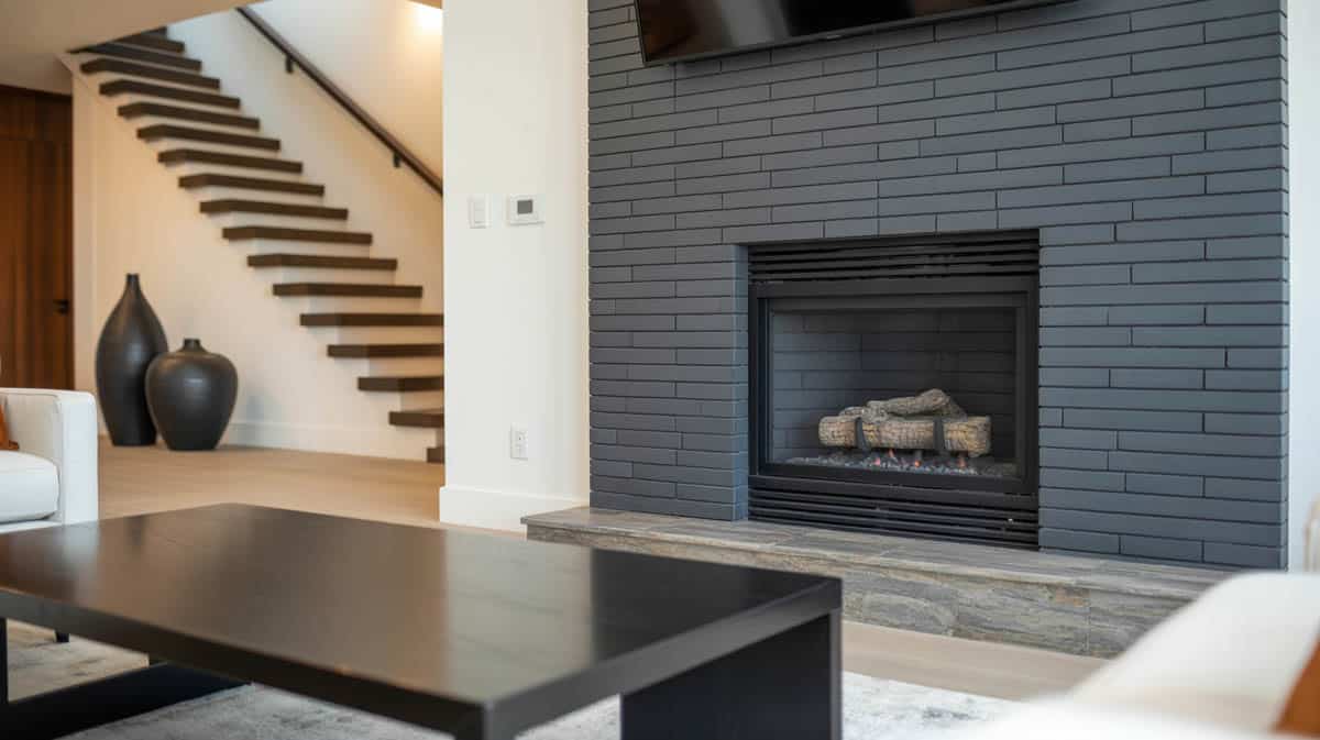 Living room fireplace clad in matte black strip tiles with stone border, matching black coffee table and staircase