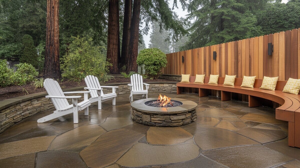 Flagstone patio with round stone fire pit, three white Adirondack chairs, and curved cedar bench with yellow cushions