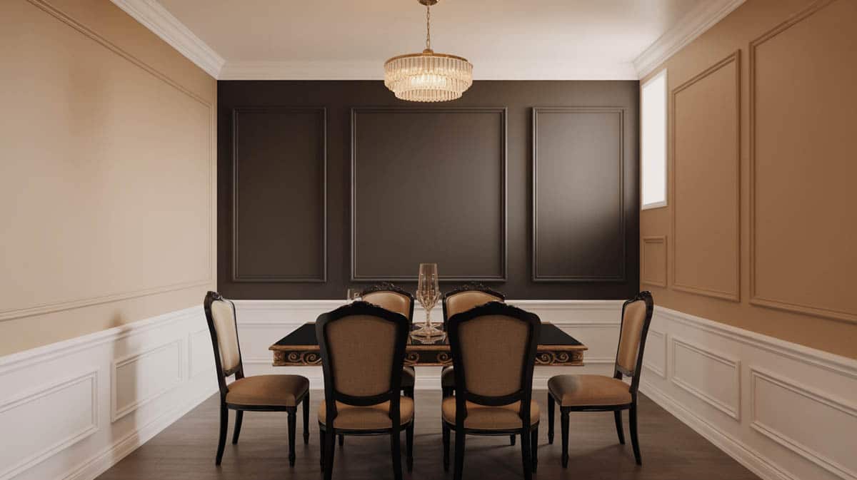 Formal dining room with matte black accent wall, white wainscoting, crown molding, and crystal chandelier