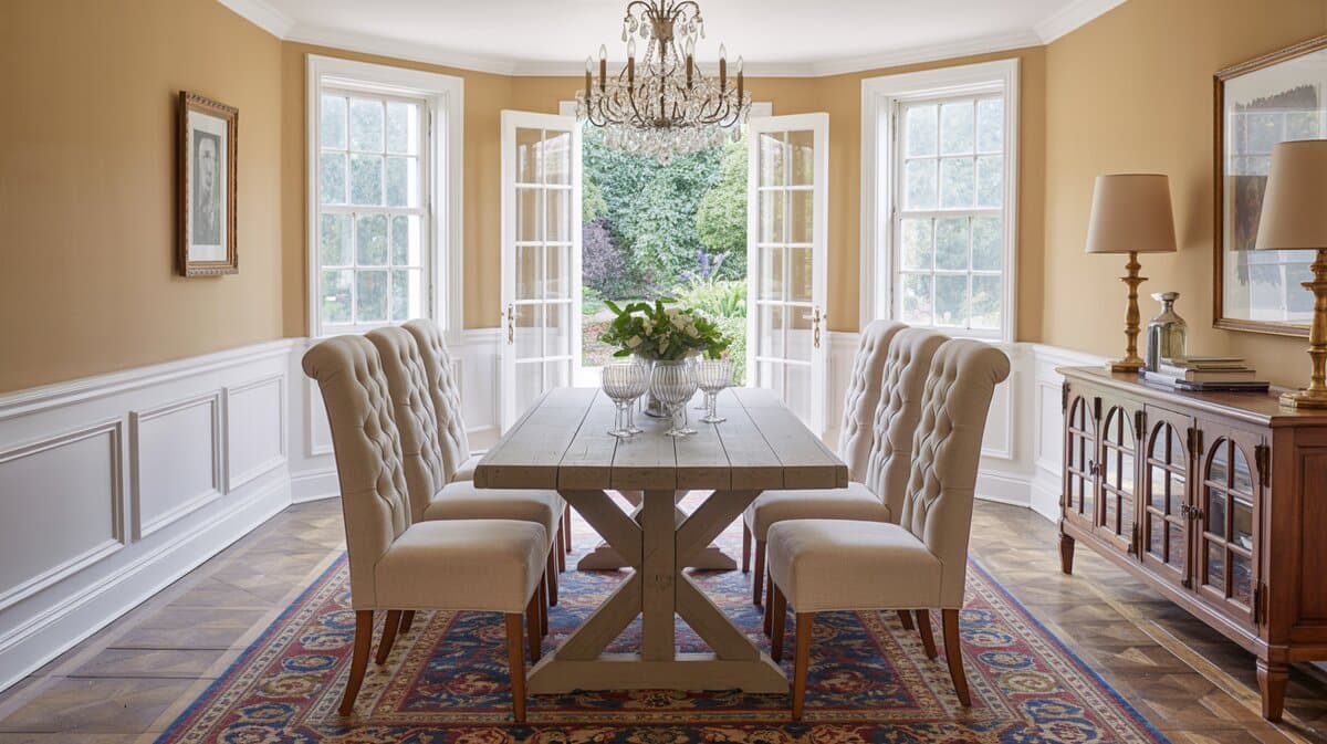 Formal dining room with tufted linen Parsons chairs and wood table