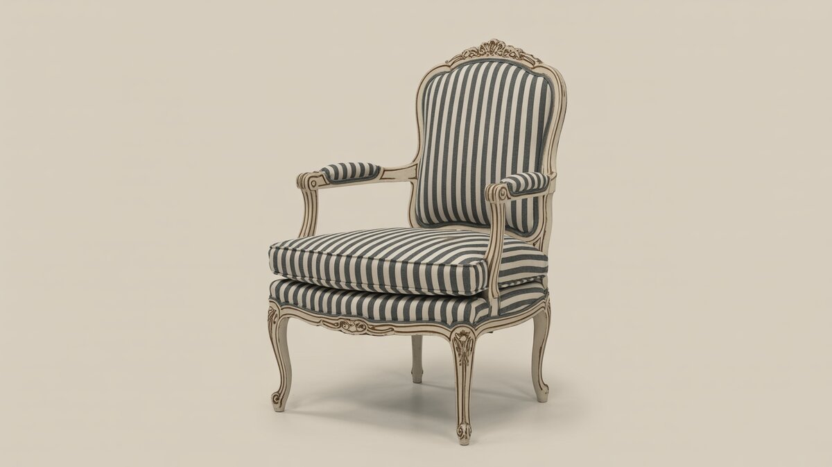 French Bergere chair with carved wood frame and black and white stripe