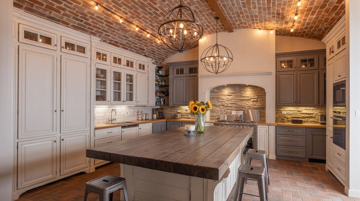 French country interior design kitchen with brick barrel ceiling, wood island, and sphere chandeliers