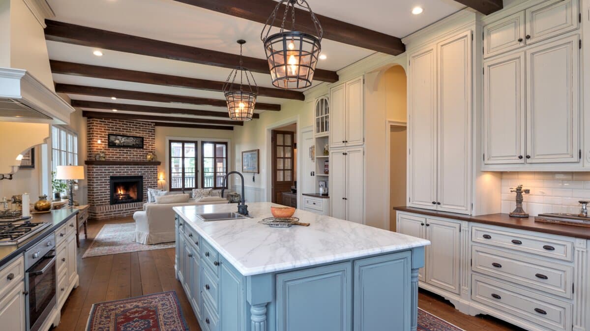 French country kitchen with powder blue island, brick fireplace, and lantern pendants