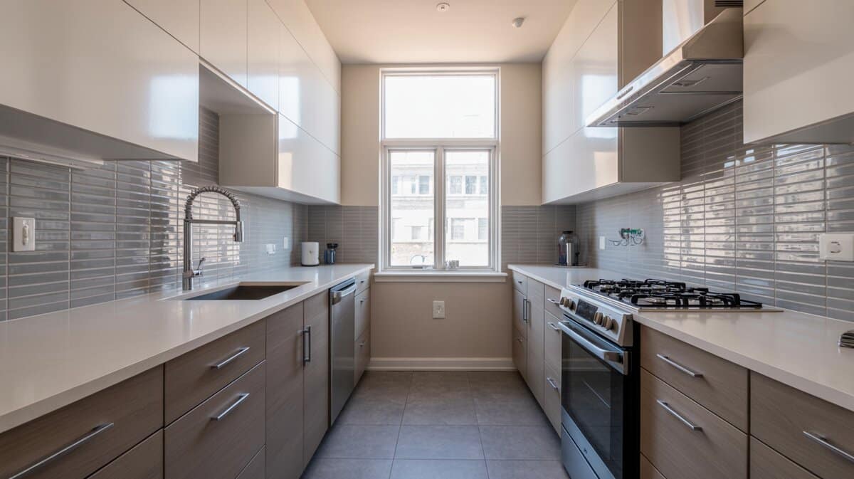 Modern galley kitchen with white upper and gray lower cabinets and vertical gray glass tile backsplash
