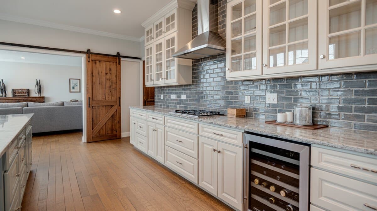 White shaker galley kitchen with gray brick backsplash, built-in wine cooler, and rustic barn door