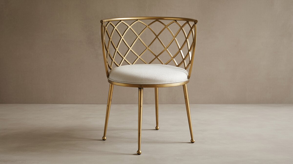 Gold brass vanity stool with oval ring back and white seat