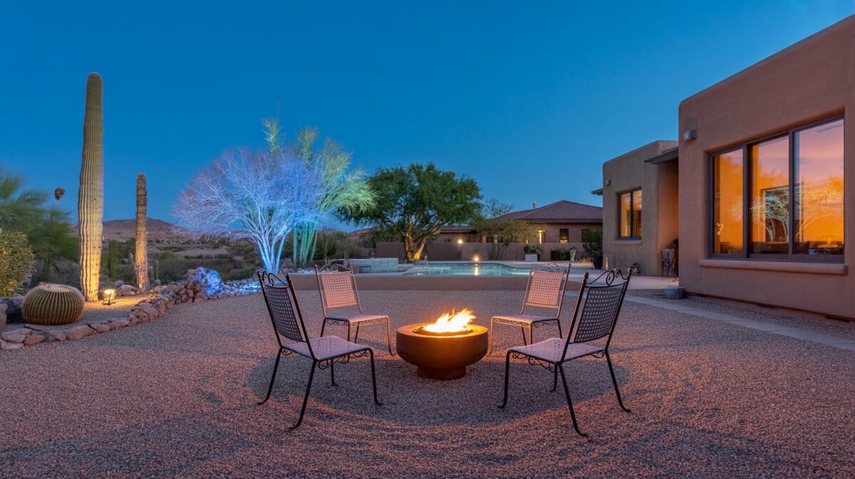 Gravel patio at dusk with wrought-iron chairs around a round fire bowl, saguaro cactus, and a pool glowing in the background