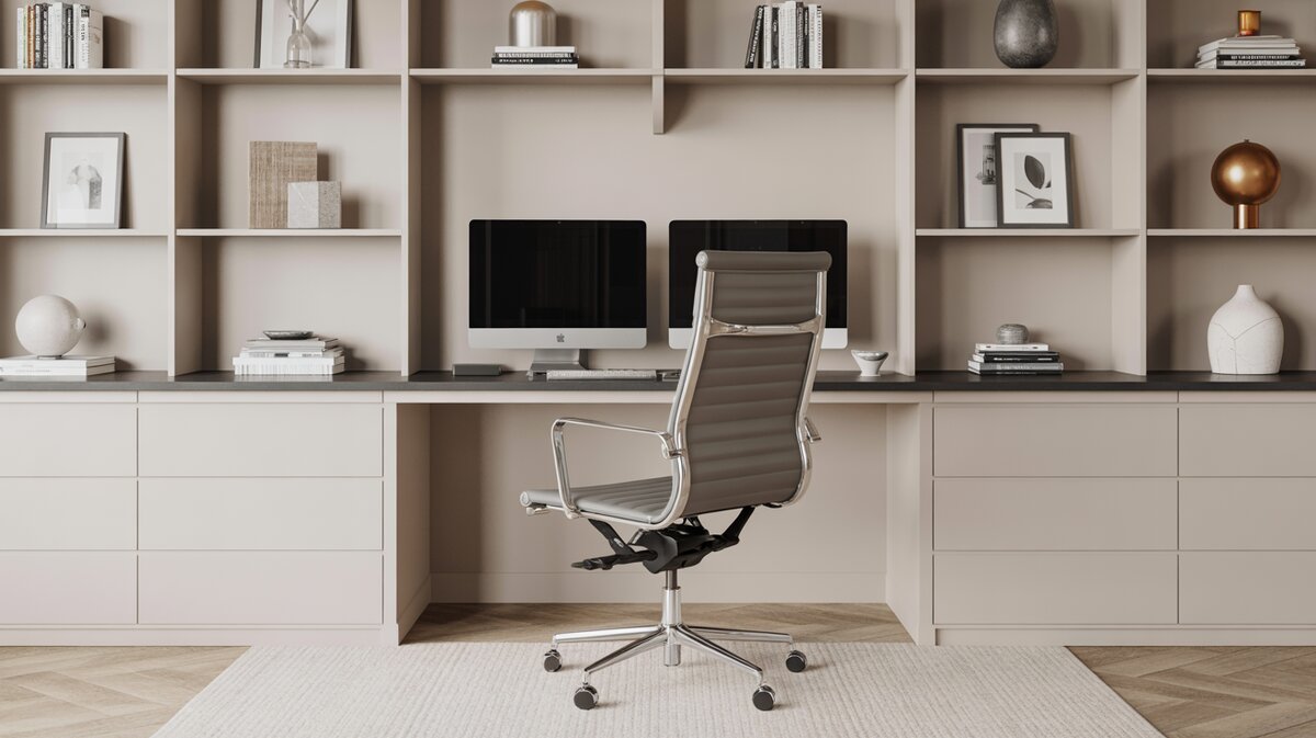 Gray leather executive desk chair in home office setup