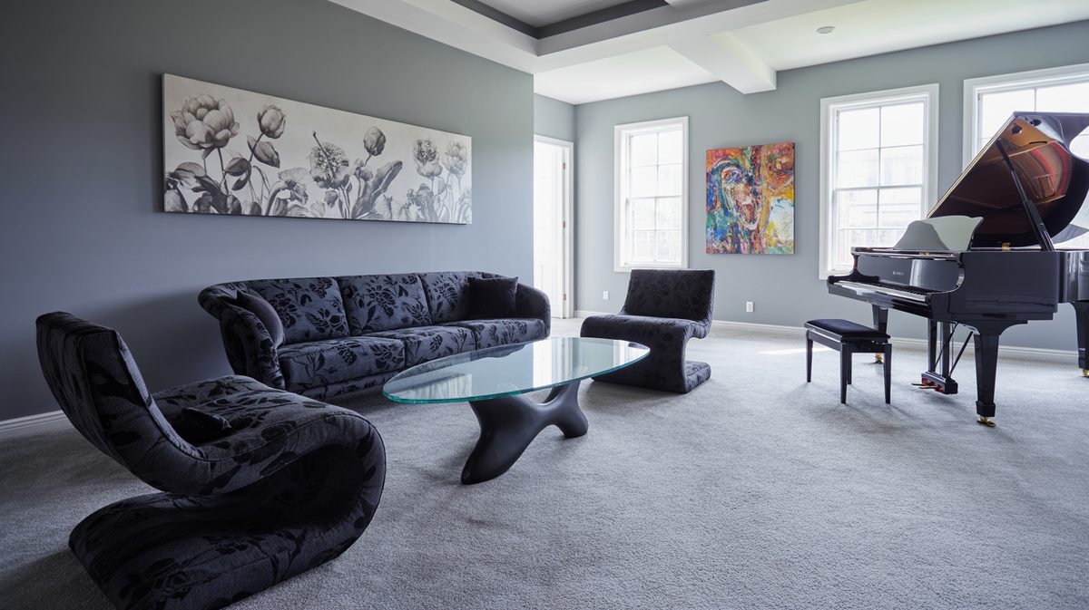 Gray carpeted room with dark patterned velvet sofa, sculptural lounge chairs, colorful art, and grand piano
