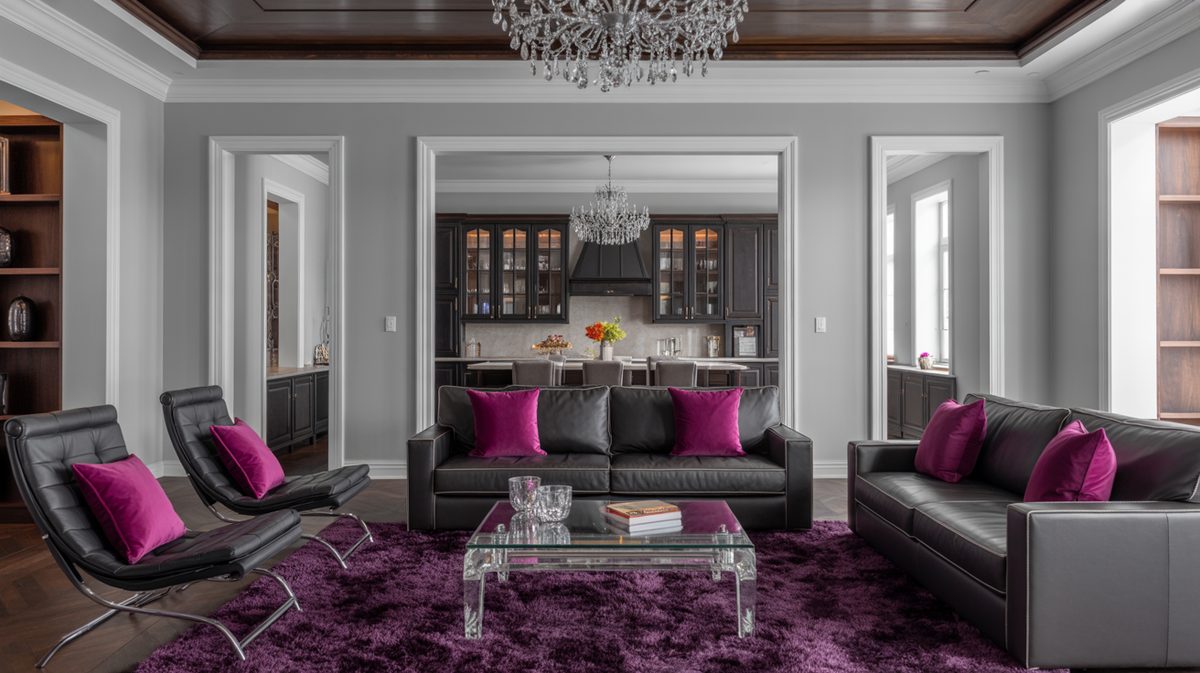 Glamorous open-plan room with arch doorways, black leather sofas, magenta pillows, and purple shag rug