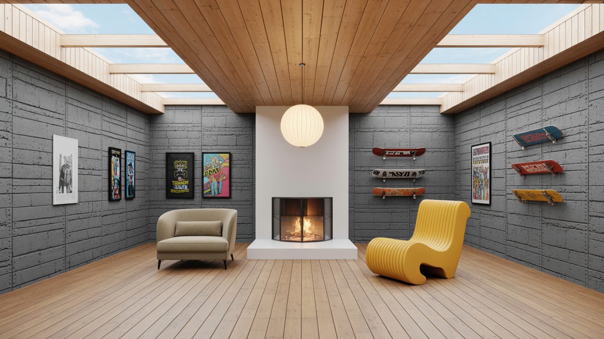 Industrial-style room with raw concrete walls, wood plank ceiling with skylights, and glass cube fireplace