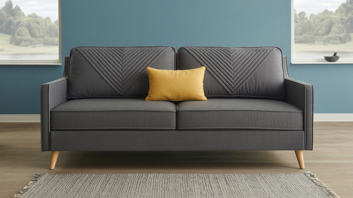 Dark gray quilted sleeper sofa with yellow accent pillow and tapered wood legs against a teal wall
