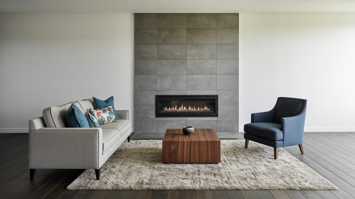 Contemporary room with floor-to-ceiling gray tile fireplace surround and sleek linear gas insert