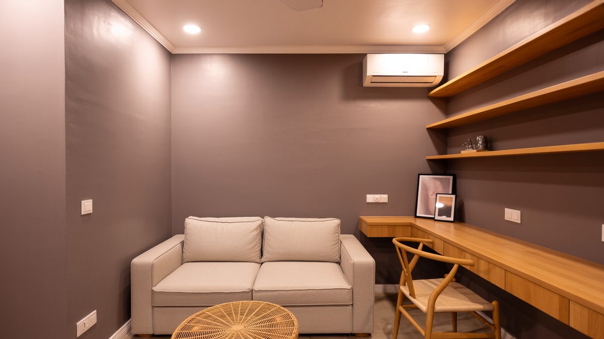 Small living space with mauve gray accent wall, cream sofa, rattan coffee table, and built-in wood desk