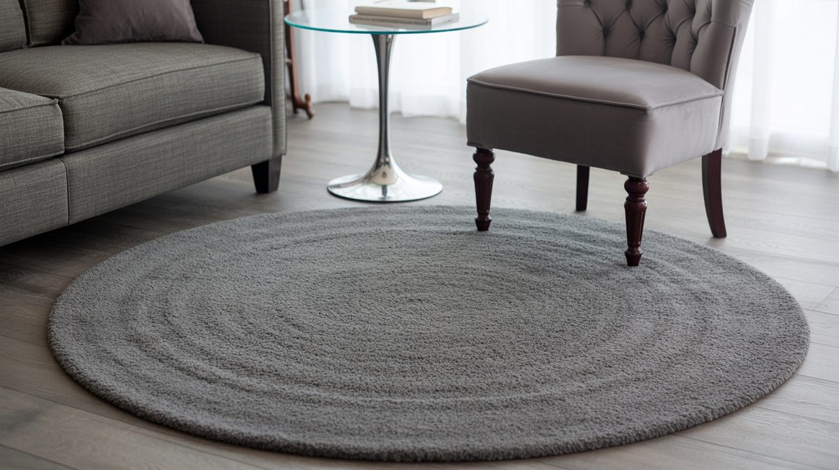 Large round gray wool rug anchoring a seating vignette with tufted chair and chrome pedestal side table