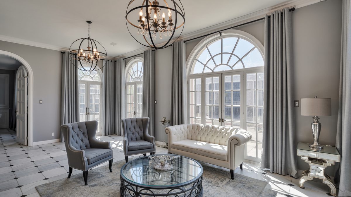 Bright sitting room with iron orb chandeliers, tall arched windows, gray drapes, and marble tile floor