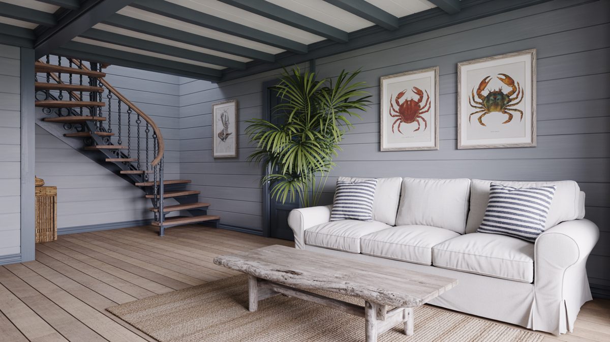 Coastal cottage with gray shiplap walls, exposed beams, white slipcovered sofa, and spiral staircase