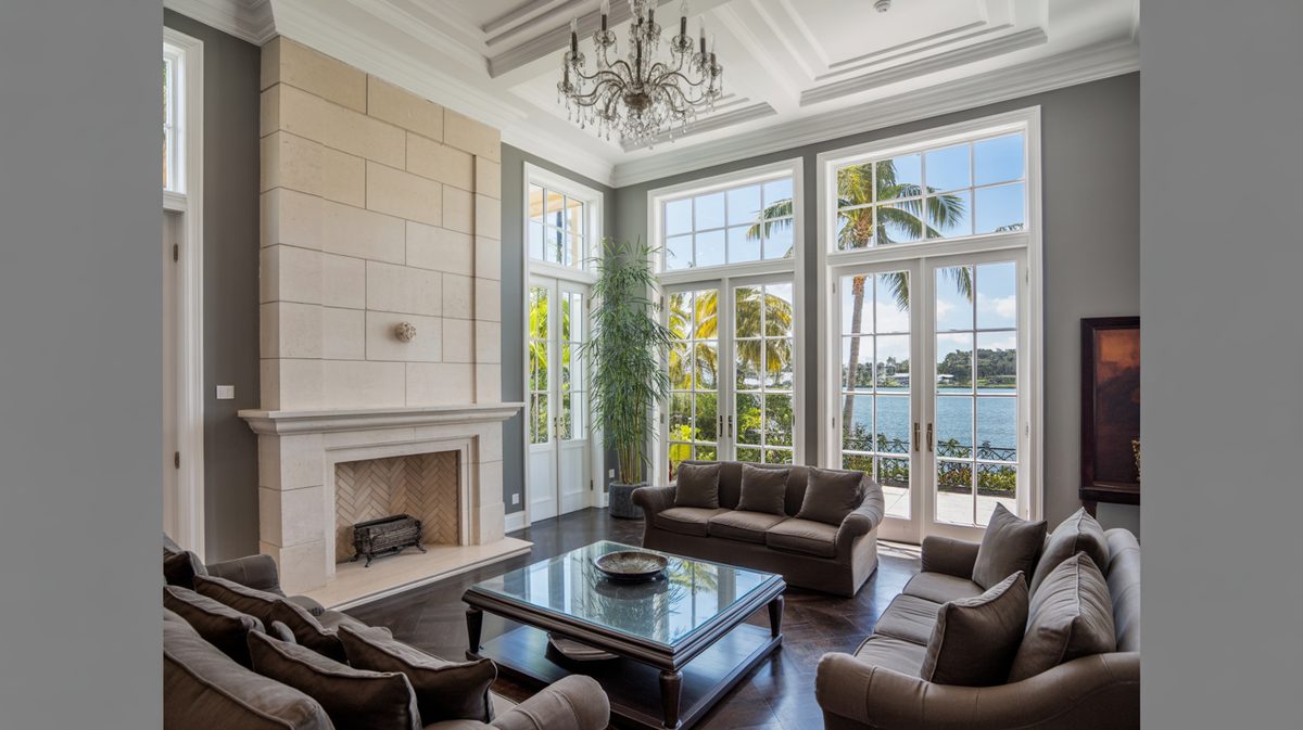 Elegant room with cream limestone herringbone fireplace, chandelier, and brown sofas overlooking water