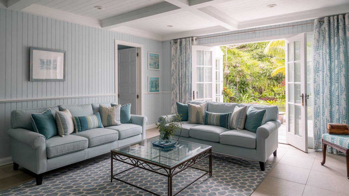 Coastal living space with board-and-batten walls, light blue sofas, and French doors to tropical garden