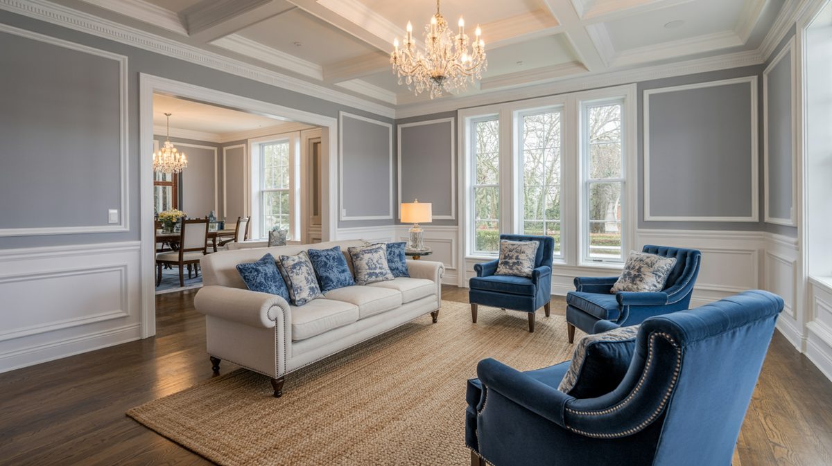Formal room with white coffered ceiling, crystal chandelier, cream sofa, and navy velvet chairs