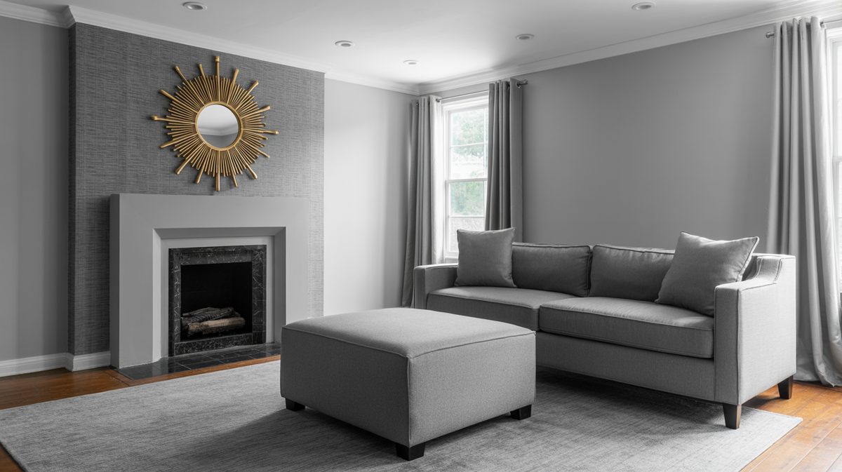 Monochromatic gray room with sofa, ottoman, fireplace surround, and gold starburst mirror