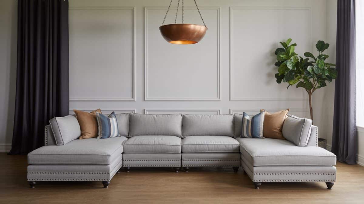 Light gray U-shaped sectional sofa with nailhead trim and copper dome pendant light
