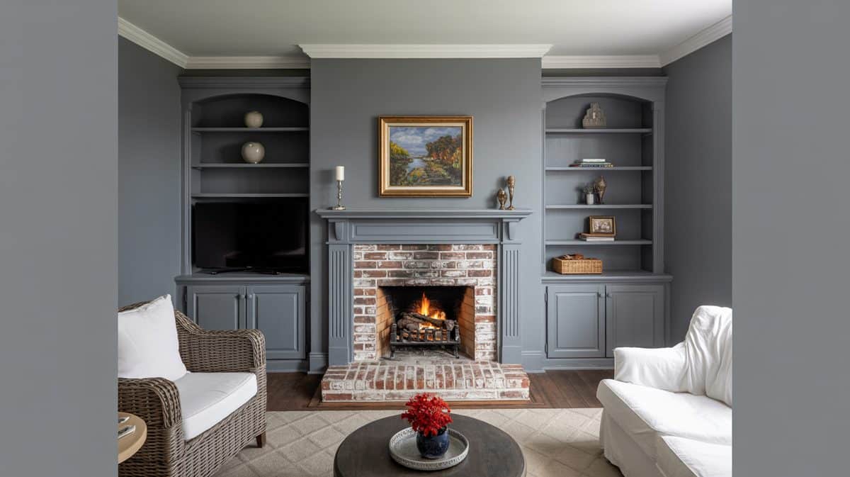 Gray painted living room with brick fireplace flanked by matching gray built-in cabinets